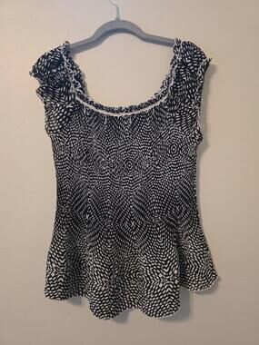 Piano Boho Peasant Top XL Black White Beaded Stretch Ruffle Blouse